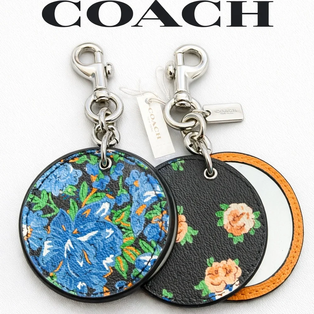 Coach Floral Print Mirror Bag Charm Key Ring F58500 Black Blue Orange‎ New